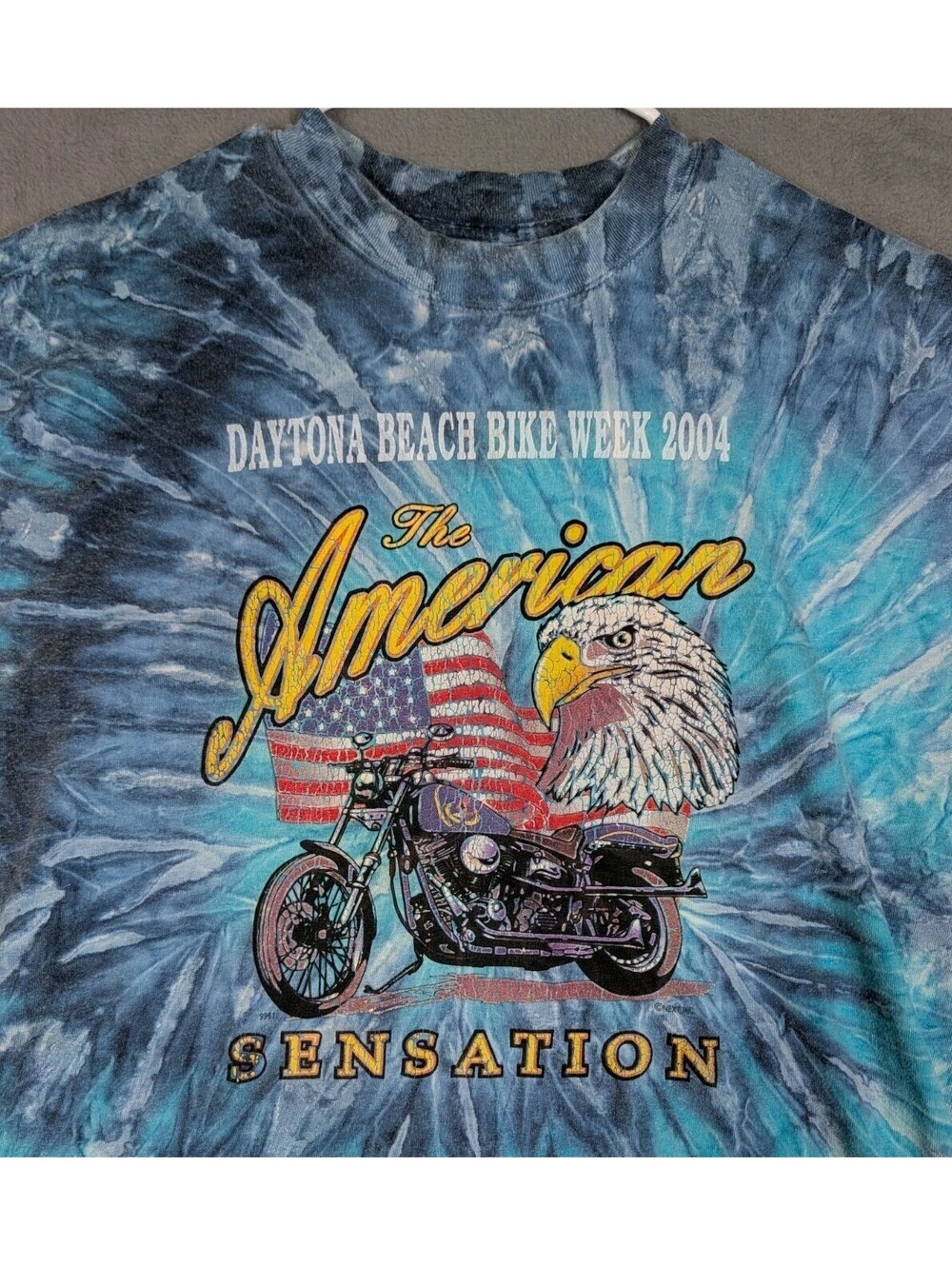 Vintage Y2K Mens Large Blue Tie Dye 2004 Daytona Bike Week Motorcycle Nature USA